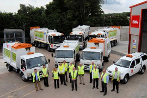 Biffa and Forest of Dean District Council staff gather in front of some of the new Biffa vehicles operating on Forest of Deans expanded recycling, waste and cleansing services